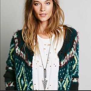 Free PEOPLE Frosted Fair Isle Mohair Wool Snap‎ Button Midi Knit Cardigan XS